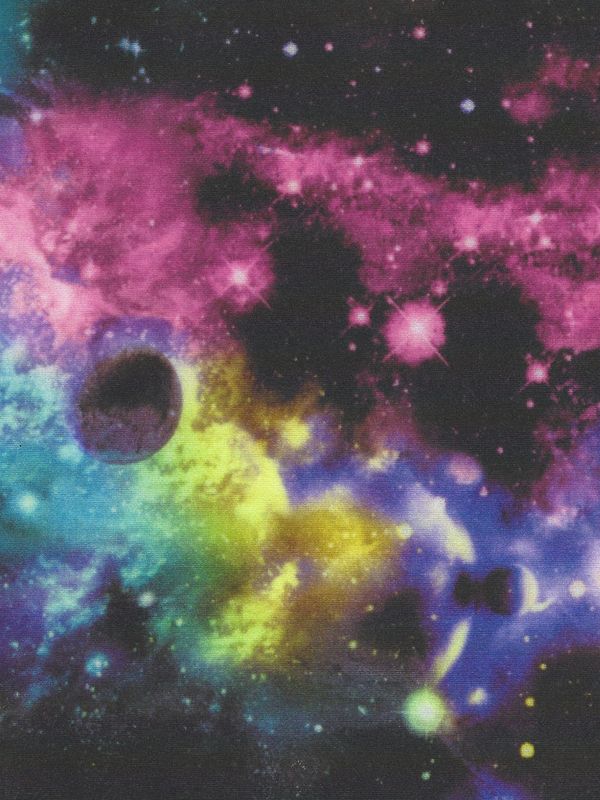 A multi-color galaxy print on black fabric.