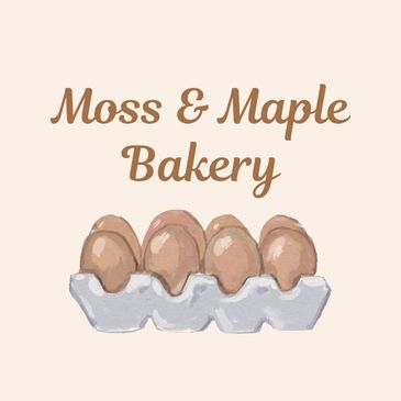 Logo with eggs in a carton and 'Moss & Maple Bakery' text.