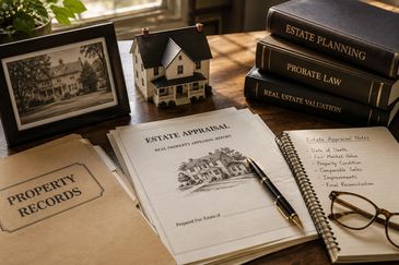 Estate appraisal documents, property records, and probate planning materials used for residential real estate valuation.
