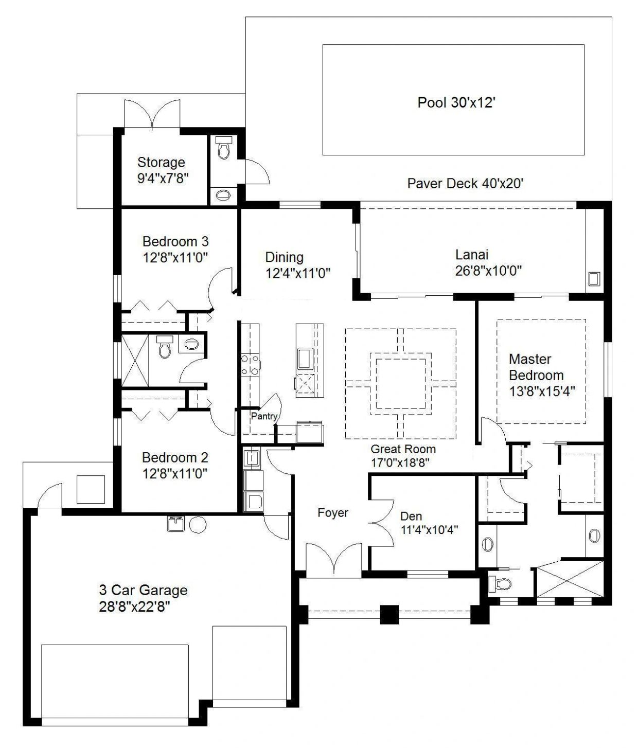 Detailed floor plan showing rooms, pool, and garage layout.