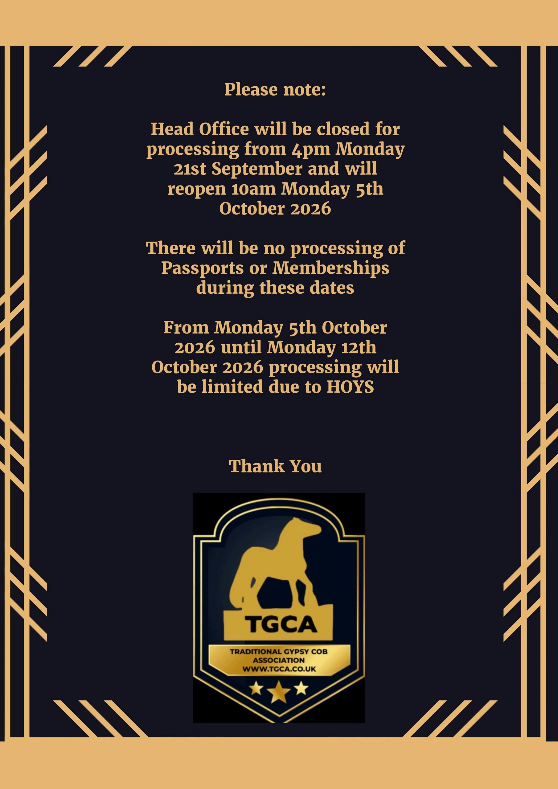 Notice of TGCA Head Office closure and processing limitations in September and October 2026.