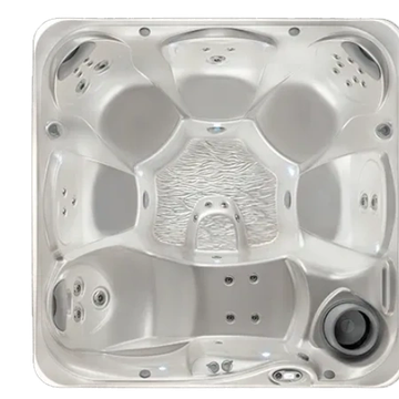 Top view of a silver hot tub with multiple seats and jets.