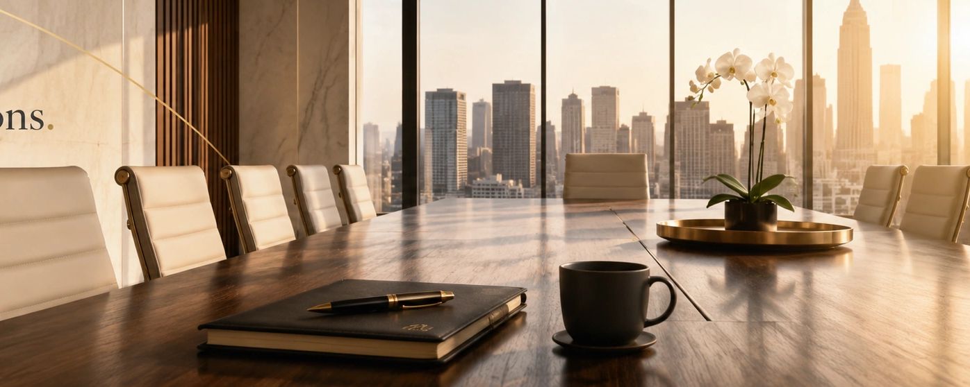 Sunlit conference room with city skyline view.