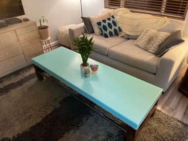 custom made industrial coffee table constructed using repurposed materials