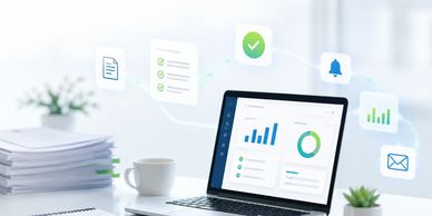 Laptop on desk displaying business analytics and notifications in a modern office.