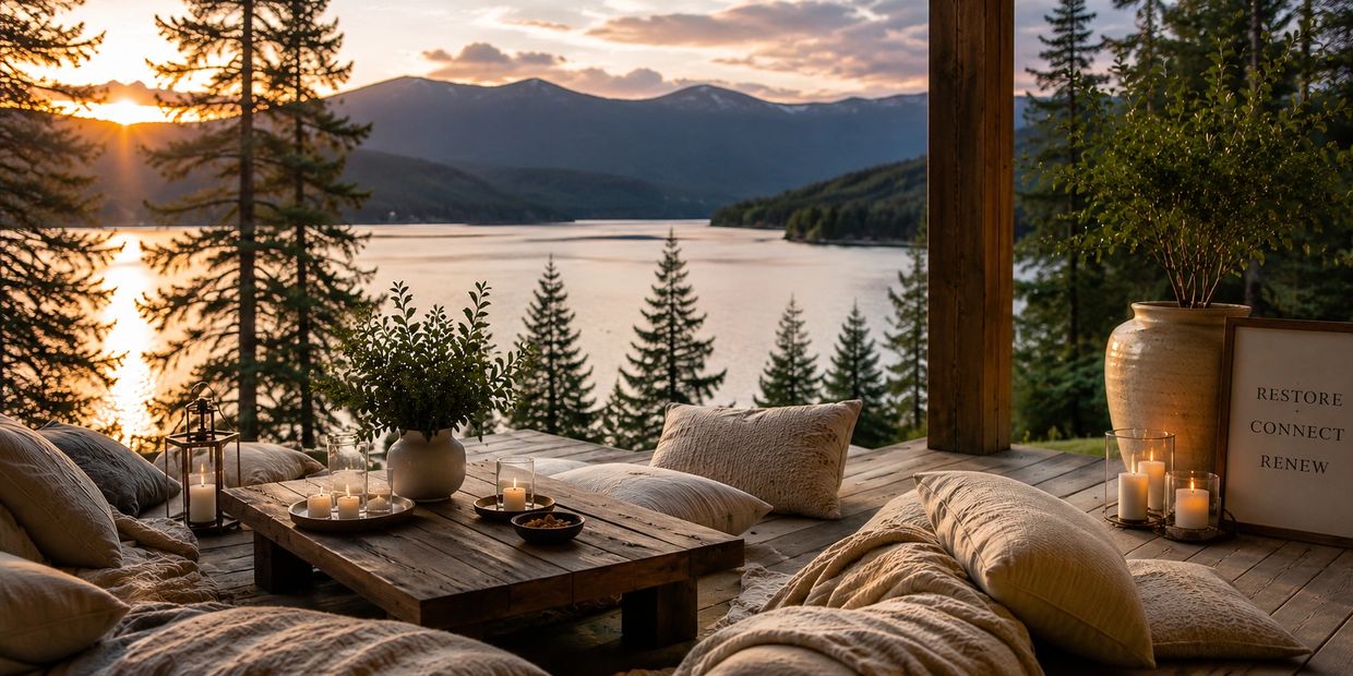 Cozy outdoor seating with pillows and candles overlooking a serene lake and mountains at sunset.