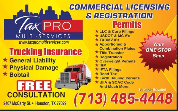 Advertisement for Tax Pro Multi-Services offering trucking insurance and commercial licensing in Houston, TX.