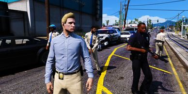 A police detective looking over a crime scene with other officers