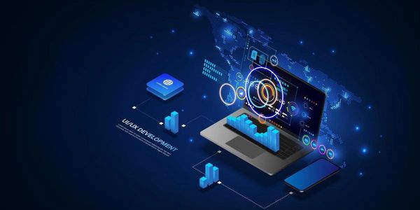 Futuristic UI/UX development with holographic data visualizations on laptop and smartphone.