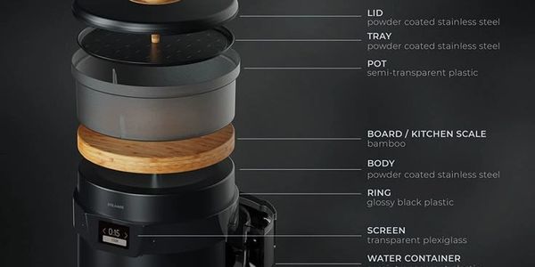 Exploded view of a kitchen device with labeled parts and materials.