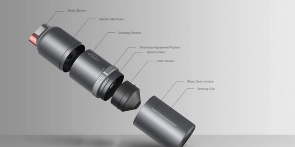 Exploded view of a sleek electric coffee grinder showing all key components.