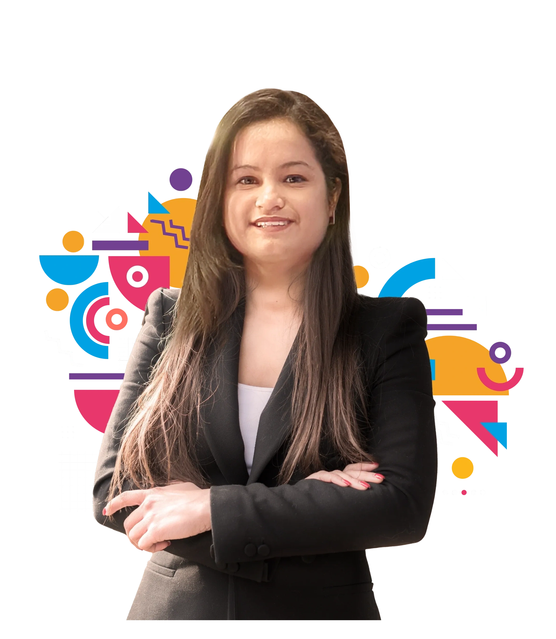 Confident woman in a black blazer with colorful geometric background.