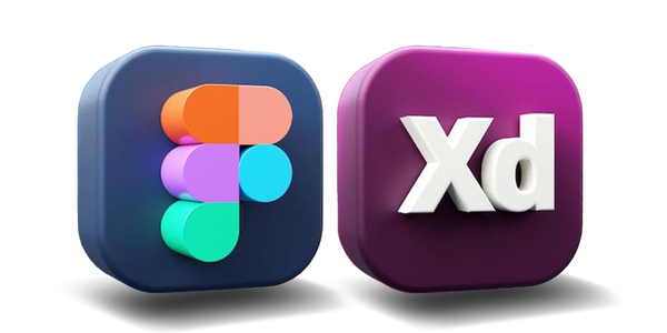 3D icons of Figma and Adobe XD design software logos.