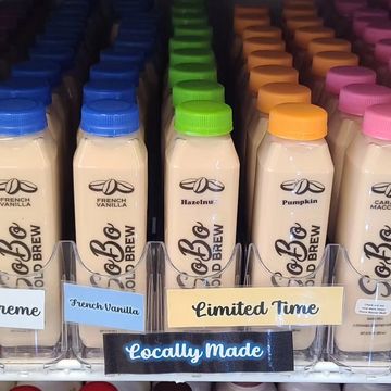 SoBo Cold Brew bottled coffee in a fridge. Italian Sweet Cream, French Vanilla, Caramel Macchiato.