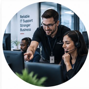 IT support team collaborating in office.