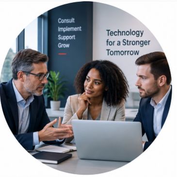 Three professionals discuss work over a laptop.