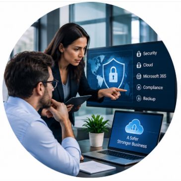 Two professionals discussing cybersecurity solutions at work.