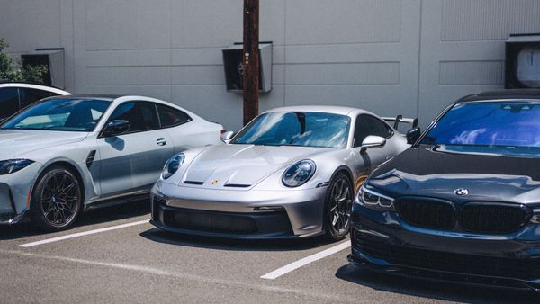 Porsche 911 GT3 between BMW M3 and BMW M4 at Wolfpen European auto repair in Roswell, Georgia
