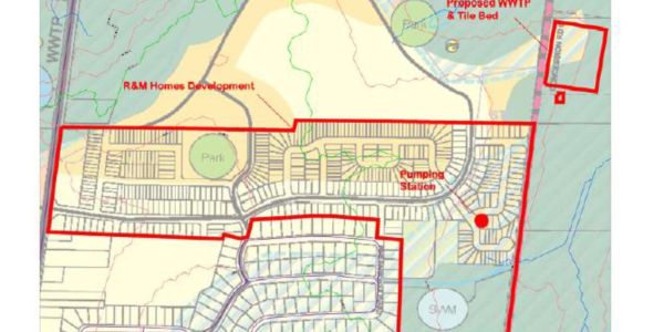Map showing the R&M Homes Development and key infrastructure like parks and pumping station.