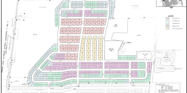 Color-coded residential plot layout with streets and legend.