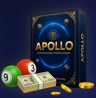 Apollo AI-powered lottery prediction engine with lottery balls and money.