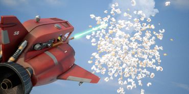 The Hay Ewe jet plane fires a grazer beam ray at giant flying corn cobs, turning them into popcorn.