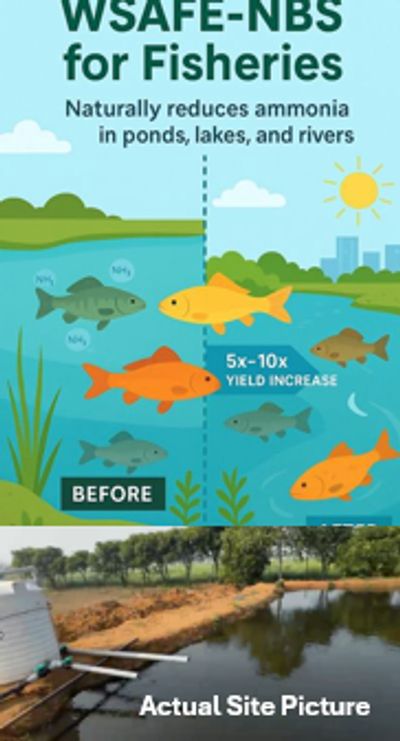 Illustration and photo showing WSAFE-NBS benefits for fisheries and ammonia reduction.