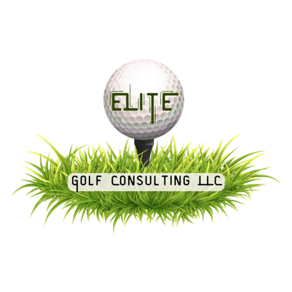 Golf ball on tee with grass and text Elite Golf Consulting LLC.