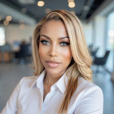 Confident woman with blonde hair in a modern office setting.