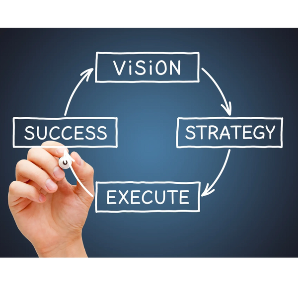 Hand drawing a circular flow chart of vision, strategy, execute, and success.