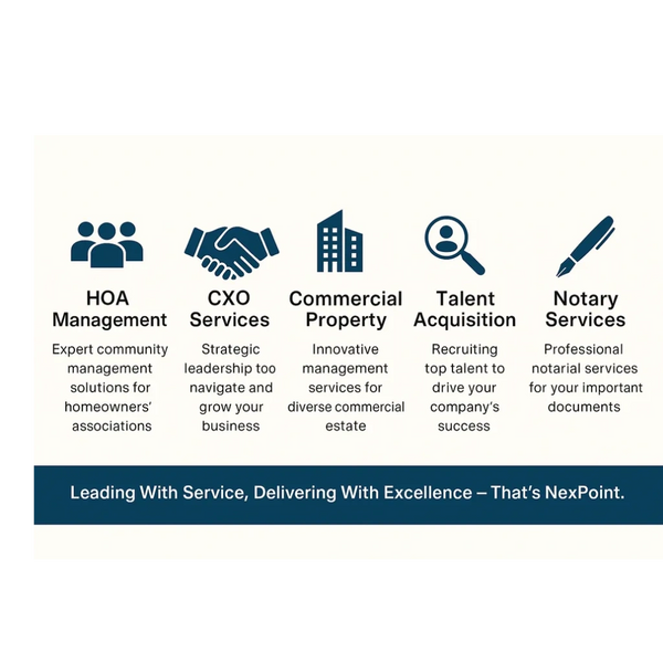 NexPoint offers services in HOA management, CXO leadership, commercial property, talent acquisition, and notary services.
