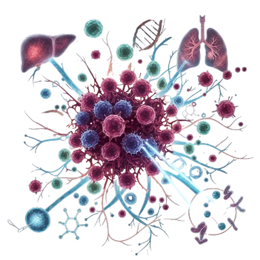 Illustration of immune cells targeting a virus affecting organs like liver and lungs.