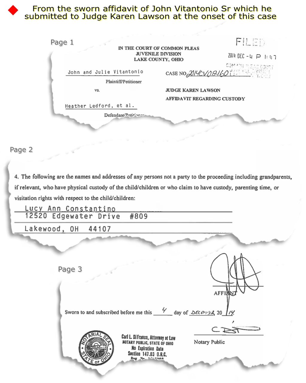 Sworn and notarized by "kidnapper" John Vitantonio SR. ON 12/04/2014