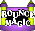 Colorful inflatable castle with 'Bounce Magic' text.