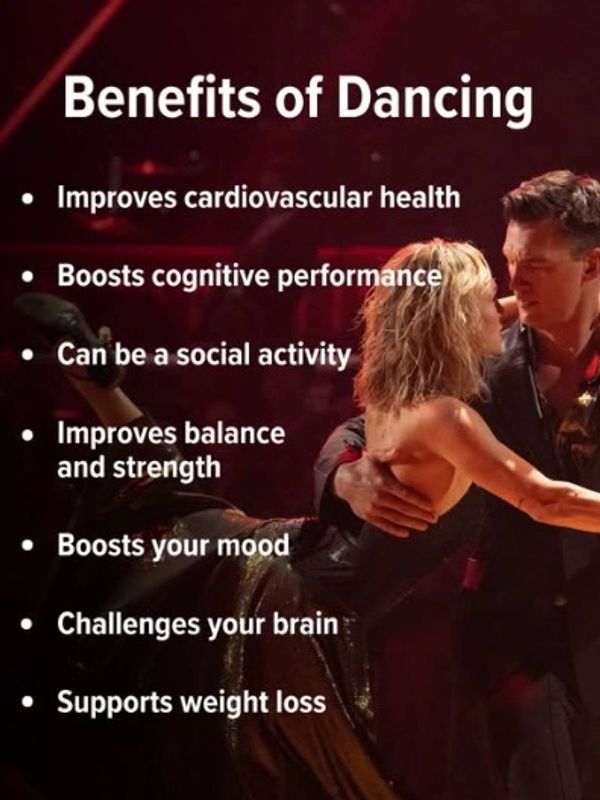 List of benefits of dancing with a dancing couple in the background.