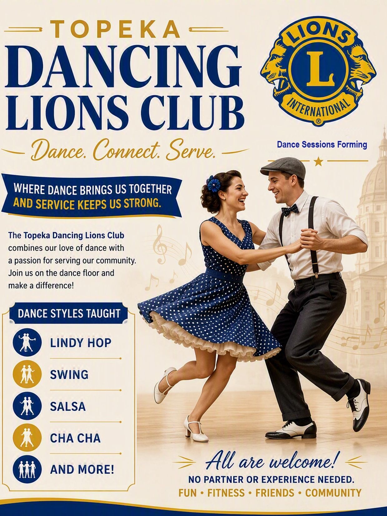 Flyer for Topeka Dancing Lions Club promoting dance sessions and community service.