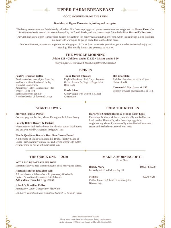 Luxury breakfast at Upper Farm in the Notswolds, Northamptonshire, featuring locally sourced produce