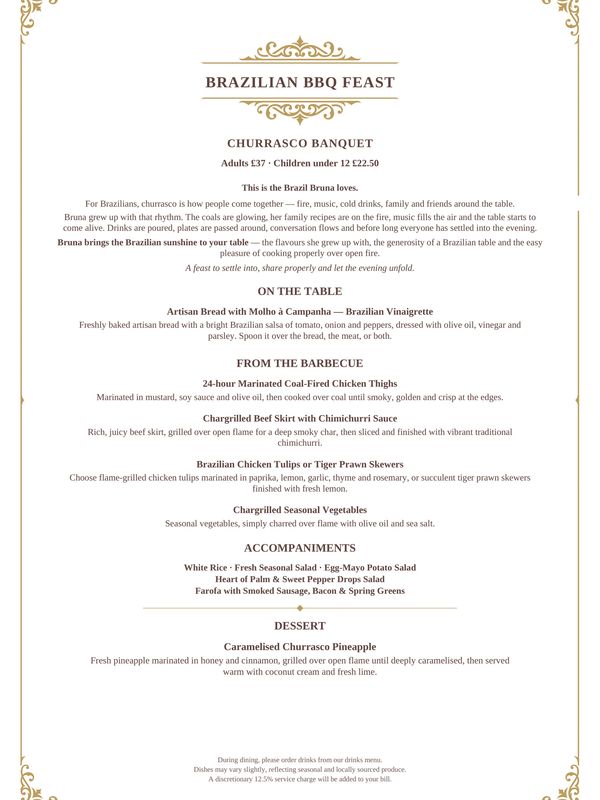 Menu for a Brazilian BBQ feast with various grilled meats and sides.