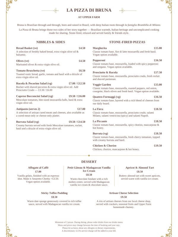 Menu of La Pizza di Bruna with starters, stone-fired pizzas, and desserts.