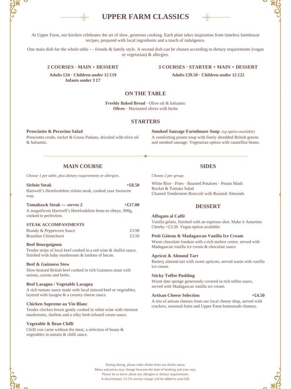 Upper Farm Classics menu featuring starters, main courses, sides, and desserts.
