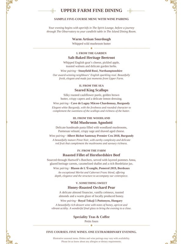 Fine dining five-course menu with wine pairings at Upper Farm.