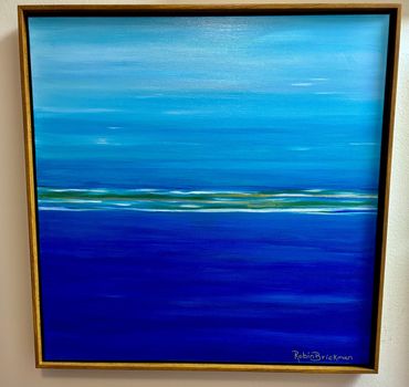 Abstract seascape painting with blue hues and horizon line.