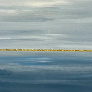 Abstract painting with ocean and sky separated by a gold line.