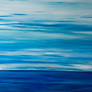 Abstract blue painting resembling ocean and sky.