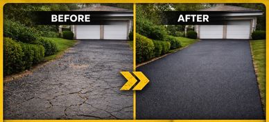 Side-by-side comparison of a cracked driveway before and a smooth, newly paved driveway after.