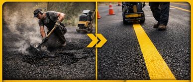 Worker repairing and painting a road with fresh asphalt and yellow lines.