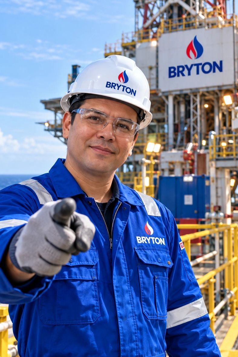 Industrial worker pointing at the camera in safety gear.