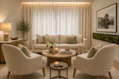 Cozy modern living room with neutral tones and soft lighting.