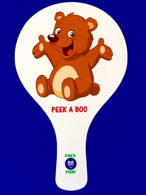 A cheerful cartoon bear with 'Peek A Boo' text on a white paddle.