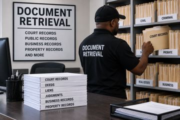 Man organizing document files labeled by categories.